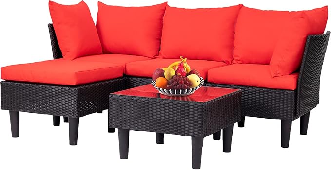 FDW Patio Furniture Sets 5 Pieces Outdoor Wicker Conversation Set Sectional Sofa Rattan Chair for Outdoor Backyard Porch Poolside Balcony Garden Furniture with Coffee Table,Red Cushion FDW