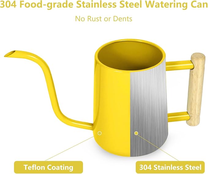 Watering Can Indoor Plants, 35 oz/1000 ml Metal Stainless Steel Watering Can Pot with Long Spout for Indoor House Plants Bonsai Outdoor Garden Flower Decorative (Yellow) Rootora