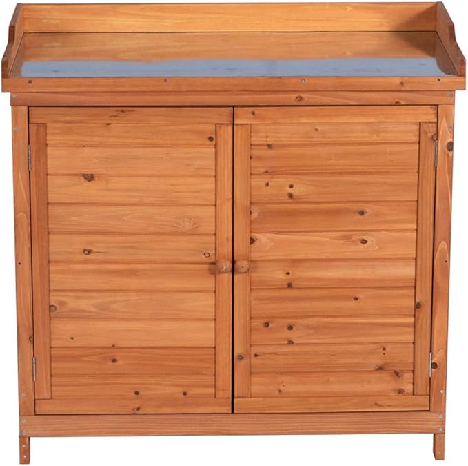 GDLF Outdoor Garden Patio Wooden Storage Cabinet Furniture Waterproof Tool Shed with Potting Benches Outdoor Work Station Table (Natural) GDLFGoodLife