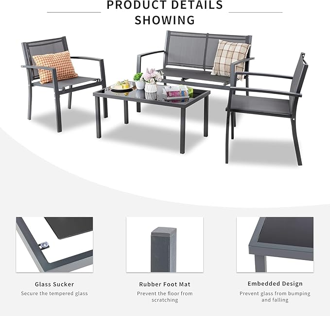 Shintenchi 4 Pieces Patio Furniture Set All Weather Textile Fabric Outdoor Conversation Set, with Glass Coffee Table, Loveseat, 2 Single Chairs for Home, Garden, Lawn, Porch（Gray） Shintenchi