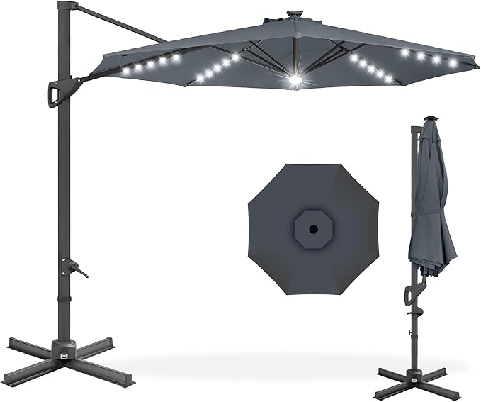 Best Choice Products 10ft Solar LED Cantilever Patio Umbrella, 360-Degree Rotation Hanging Offset Market Outdoor Sun Shade for Backyard, Deck, Poolside w/Lights, Easy Tilt, Cross Base BestChoiceProducts