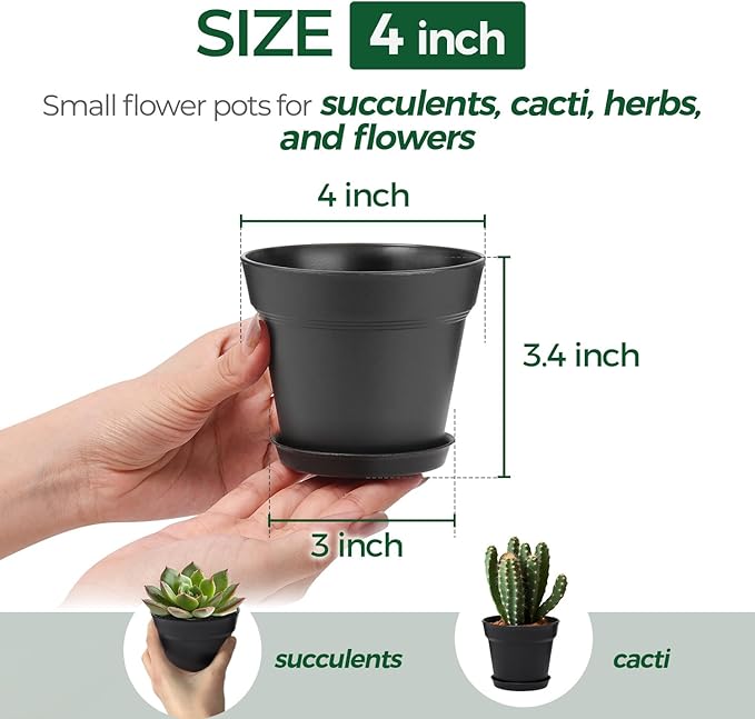 T4U 4 Inch Plant Pots 18-Pack, Small Flower Pots with Saucer and Drainage Hole, Durable Plastic Pots, Nursery Small Flower Pot Bulk for Plants, Succulent, Violet, Decorative (18 Pack 4" Pot, Black) T4U