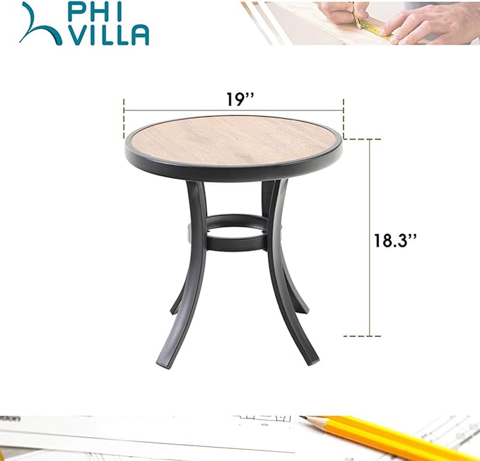 PHI VILLA Outdoor Round Side Table, 19" Small Metal End Table with Wood-Lile PVC Top for 2, All Weather Coffee Bistro Table for Patio, Deck, Porch, Balcony, Indoor PHIVILLAThepioneerofcomfortablehouseholdsupplies