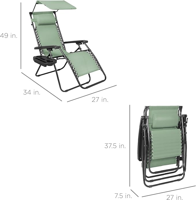 Best Choice Products Folding Zero Gravity Outdoor Recliner Patio Lounge Chair w/Adjustable Canopy Shade, Headrest, Side Accessory Tray, Textilene Mesh - Sage Green BestChoiceProducts