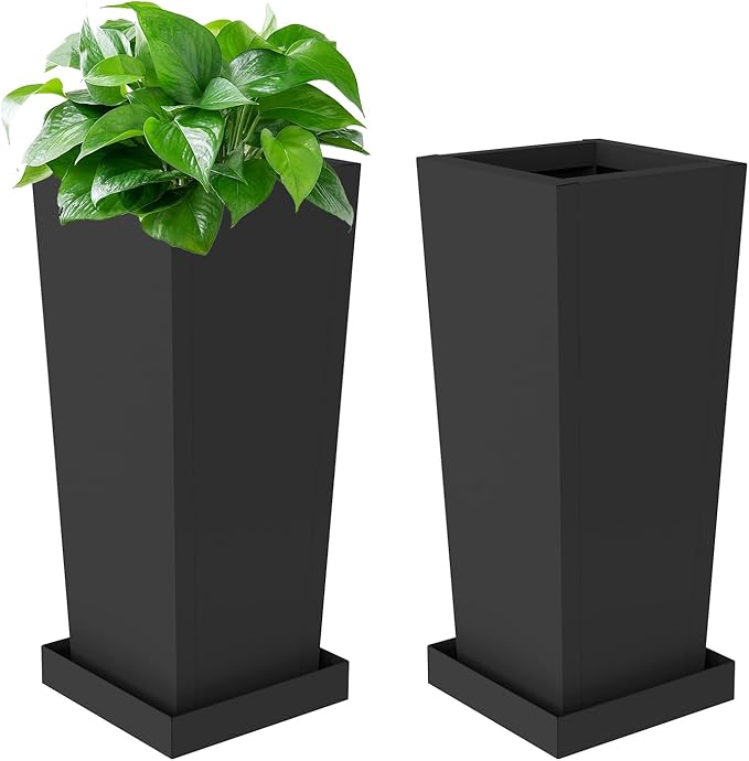 Tall Outdoor Planters Set of 2, 24 inch Tall Planters for Outdoor and Indoor, Metal Tapered Pots with Drainage Holes & Insert Shelves & Trays for Porch, Garden, Patio, Yard Toriexon