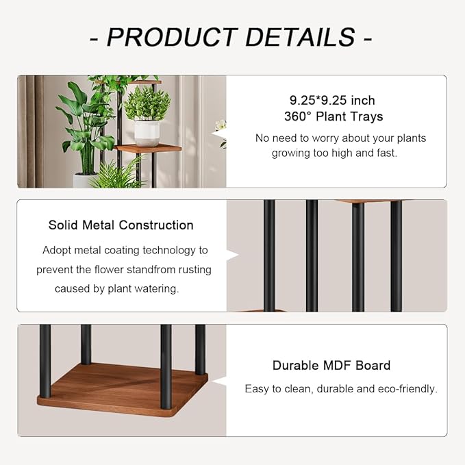 AZERPIAN Plant Stand 5 Tier Indoor Metal Flower Shelf for Multiple Plants Corner Tall Flower Holders for Patio Garden Living Room Balcony Bedroom, Walnut (5 Tier-Walnut) AZERPIAN
