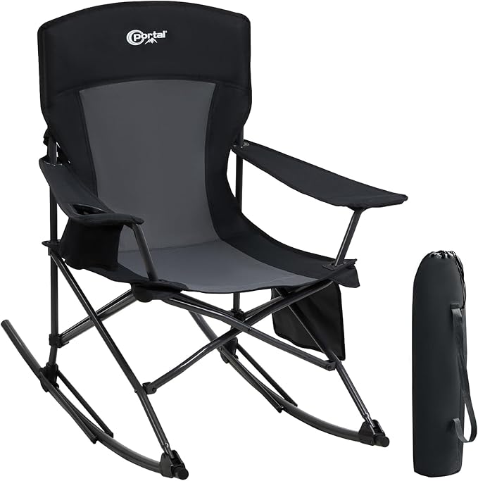 Portal Outdoor Rocking Chair Camping Folding Portable Rocker with Cup Holder Side Pocket Carry Bag, Support 350LBS (Black) PORTAL