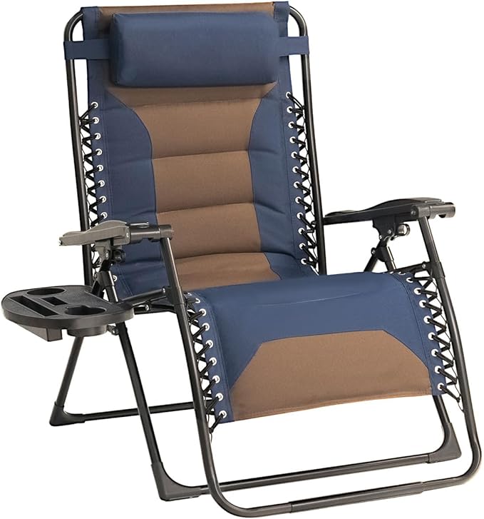Zero Gravity Chair Oversized Padded Recliner with Adjustable Headrest & Cup Holder - 600D Oxford Folding Lounge Chair for Outdoor Camping, Patio, Poolside (Brown & Blue) Rootora
