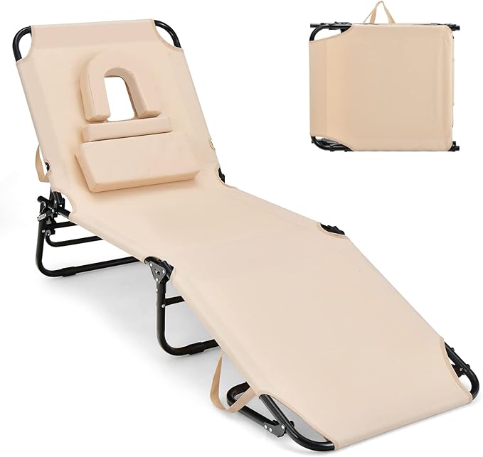 GYMAX Tanning Chair, 350lbs Beach Lounge Chair with Face Hole, Detachable Washable Pillow & Carry Strap, Adjustable Folding Chaise Lounge, Layout Chair for Outside, Patio, Poolside, Lawn (1, Beige) GYMAX