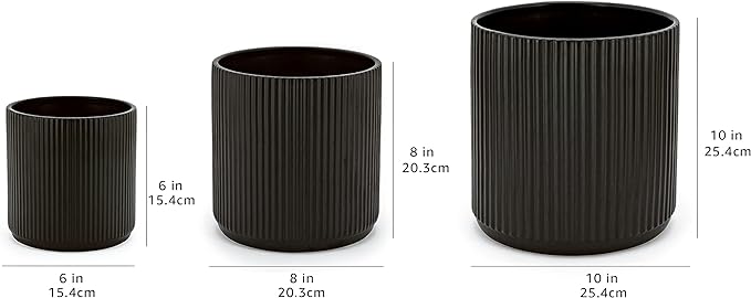 Amazon Basics Fluted Ceramic Round Planters with Drainage Hole, Indoor Outdoor Flower Pots, Assorted Sizes 6, 8, 10 inch, Set of 3, Black AmazonBasics