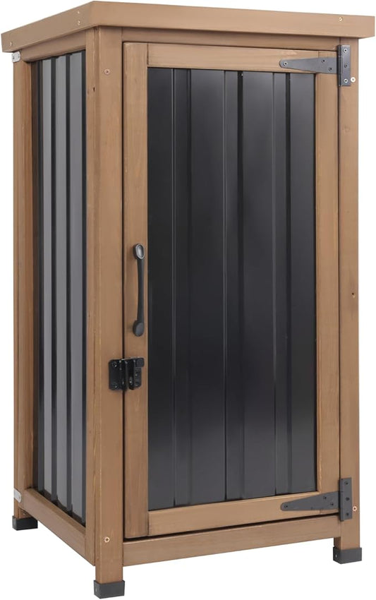 Small Outdoor Storage Cabinet Waterproof with Metal Top, Wood & Metal Outside Potting Bench Table Tool Organizer with Adjustable Shelf for Patio Backyard Garden PETSCOSSET