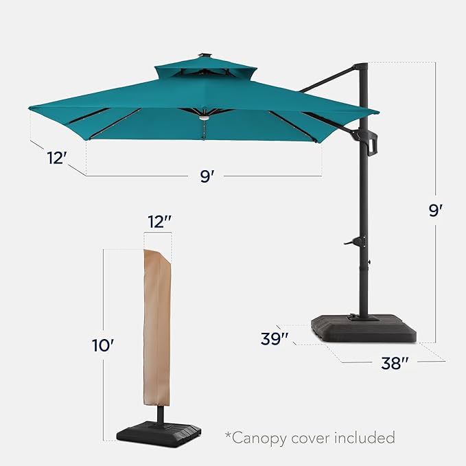 Best Choice Products 9x12ft LED Cantilever Patio Umbrella w/Base Included & 360° Rotation, Large Solar Offset Hanging Outdoor Sun Shade for Deck, Backyard Table w/Stand & Lights – Cerulean BestChoiceProducts