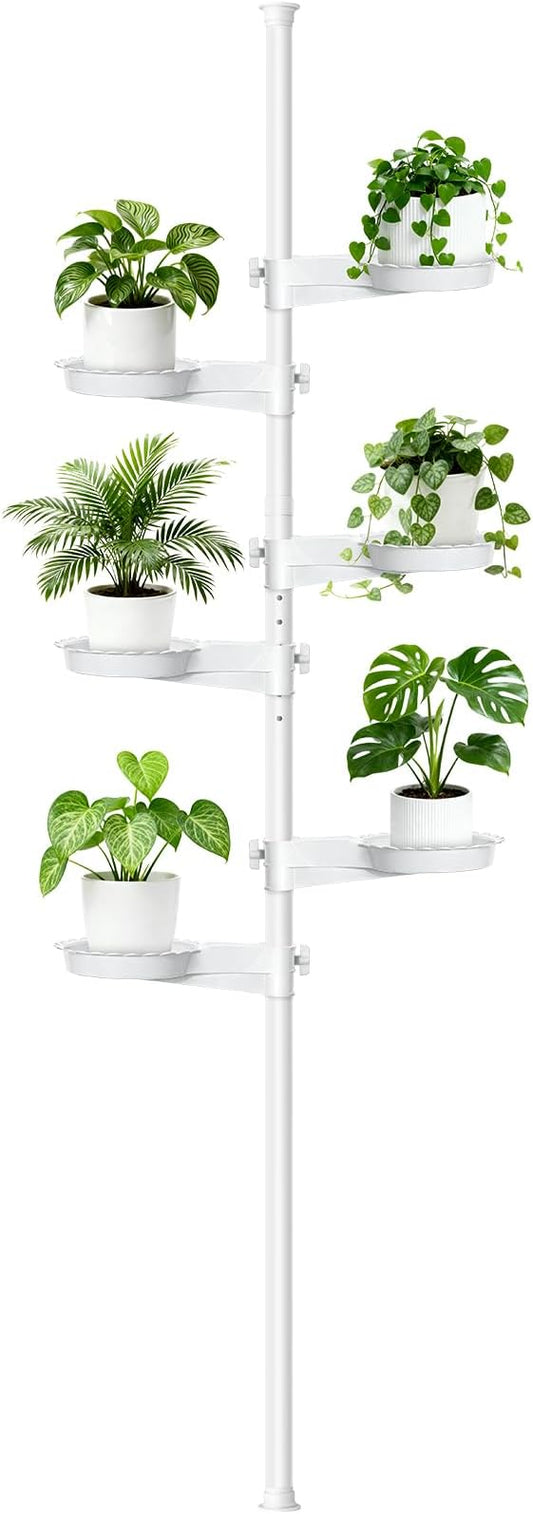 Tension Rod Plant Stand, Plant Poles for Hanging Plants Indoor, 6 Tier Tension Pole Plant Hanger, Floor to Ceiling Plant Pole with 6 Trays Hanging Plant Stand, White Zononoca