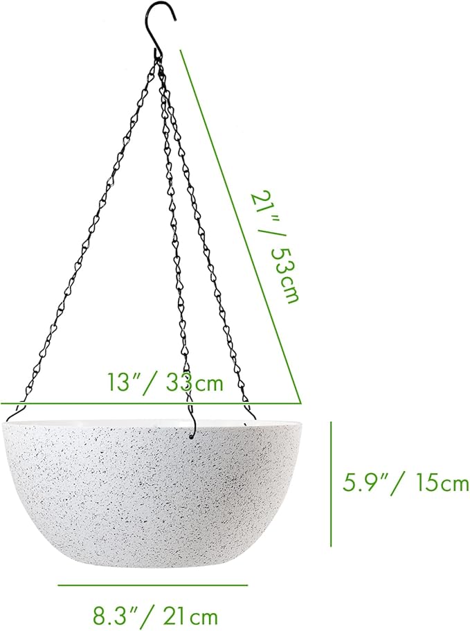 WOUSIWER 13 inch 2Pack Large Hanging Planters for Outdoor Indoor Plants with Drainage Holes and Chain, Round Hanging Flower Pots for Garden Home Porch Decor, White Speckles WOUSIWER