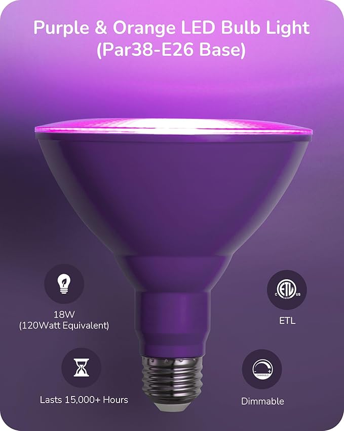 EDISHINE PAR38 Purple & Orange LED Flood Light Bulbs Outdoor, Dimmable LED Light Bulb, 18W(120W Equivalent), Outdoor Weatherproof Light Bulb for Party, E26 Base, 2 Pack EDISHINE