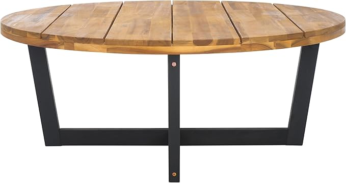 SAFAVIEH Outdoor Collection Leo Natural/Black 4-Leg Round Coffee Table, Ideal for Deck, Patio, Backyard, Sunroom SAFAVIEH