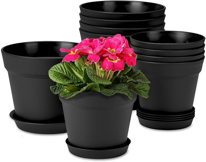 homenote Plant Pots,6/7.5 Inch Flower Pots for Plants Plastic Planters for Indoor with Multiple Drainage Holes and Trays, for All Home Garden Flowers Succulents,Outdoor(Black,10 Pack) HOMENOTE