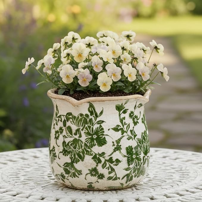 Tuscan Ceramic Plant Pots, 6.11 Inch Vintage Planters with Drainage Hole for Indoor Plants, Farmhouse Green Scroll Vase & Flower Pots, Home Kitchen Garden Decor, Plant Lover Gifts XiaanJiaju