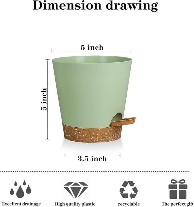 5 Pack 5 inch Self-Watering Pots, African Violets Planter with Drainage Holes and Reservoir, Green Brown Plastic Planter for Indoor Outdoor Plants Flowers and Houseplants Green Brown, 5 inch 5 pcs zople