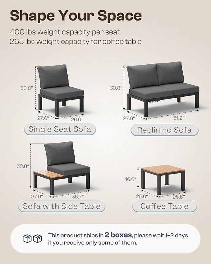Aluminum Outdoor Patio Furniture Set, 4 Seats Modular Patio Sectional Sofa Set with Adjustable Backrest & Removable Cushions, All-Weather Outdoor Conversation Sets for Garden & Yard, Graphite Oasbira