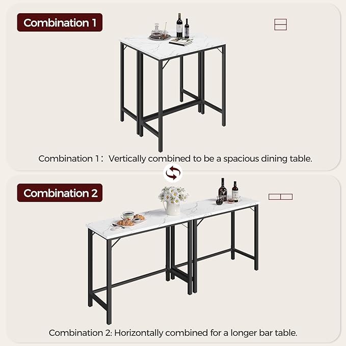 Narrow Bar Table, 63-Inch Pub Table for Dining Room, Counter Bar Tables with Sturdy Metal Frame, Connectable Bar Table, Multifunctional Console Table, Marble and Black BTHM1601 MAHANCRIS