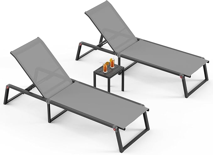 Aluminum Pool Lounge Chairs Set of 2 with 1 Side Table, Foldable Outdoor Chaise Lounge 5-Position Lounge Chirs for Outside Poolside, Fully Grounded Legs Sun Lounger for Beach, Yard, Dark Grey Oasbira