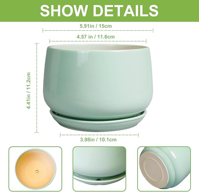 G EPGardening Ceramic Plant Pots - 6 Inch Pot for Plants, Ceramic Planter with Drainage and Saucer, Flower Indoor Outdoor Planter, Modern Bathroom Decor, Birthday Gifts, Green GEPGardening