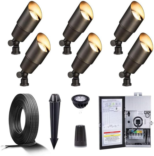 Gardenreet Brass Low Voltage Landscape Spotlights(6-Pack) Kit 12V LED with Low Voltage Transformer 150W and Mechanical Timer and 100FT Wire and 30Pack Connectors for Outdoor House Garden Patio Gardenreet