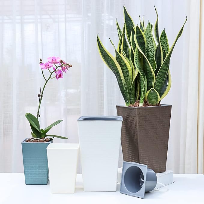 2 Pack Self Watering Planters 10.7" x 6.9" Planter for Indoor Plants White Self Watering Violet Pots Plastic Flower Pots Square Planter with 3D Wallpaper Pattern Planterhoma