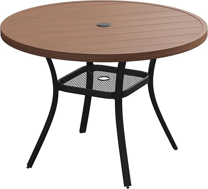 VICLLAX Round Patio Table with Adjustable Umbrella Hole, All Weather Outdoor Round Dining Table for Lawn Garden, 41.2"x 28" Walnut Wood-Like Outdoor Coffee Table HOME