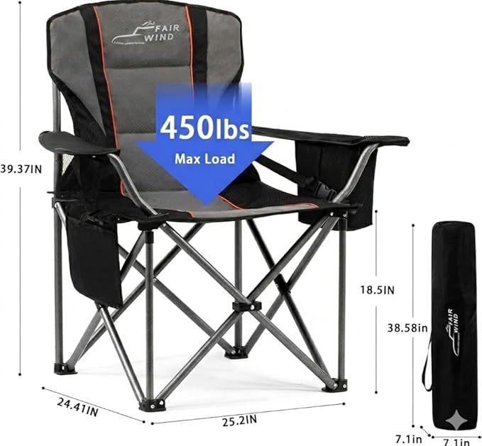 FAIR WIND Heavy Duty Camping Chair, Oversized Padded Folding Chair for Big and Tall (450lbs), Extra Wide Seat with Integrated Cooler & Storage Pocket, Adjustable Lumbar Support for Outdoor FAIRWINDOutdoorEquipment