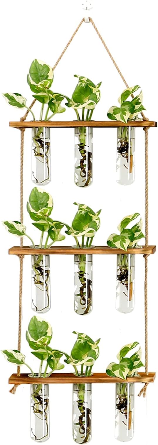 XXXFLOWER Wall Hanging Propagation Station with Wooden Stand Glass Test Tubes Tiered Planters Wall Terrarium for Home Office Plant Hanger Flower Vases Wall Decor Hydroponic Cuttings (9 Tube Vases) XXXFLOWER