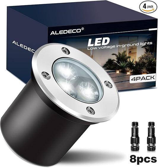 4Pack 3W Low Voltage Landscape Lights with Connectors 12-24V LED In-Ground Lights IP67 Waterproof Garden Lighting 6500K Outdoor Well Light for Yard Pathway Driveway Deck (Cool White) ALEDECO