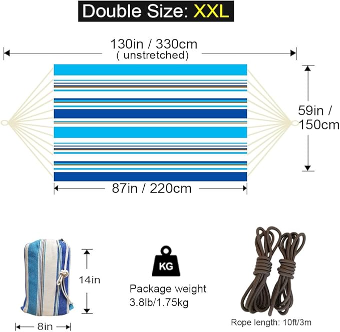 Double Hammock 2 Person Extra Large 330X150cm Load Capacity 600Pound Canvas Cotton Hammock for Patio Porch Garden Backyard Lounging Outdoor and Indoor XXL GOCAN