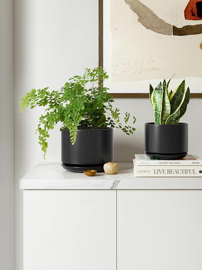 LE TAUCI Ceramic Plant Pots, 4.3+5.3+6.8 inch, Set of 3, Planters with Drainage Hole and Saucer, Indoor Flower Pot with Hole Mesh Pad, Gifts for Mom, Black LETAUCI