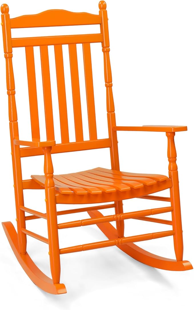 VINGLI Wooden Rocking Chair, Outdoor Chair with 450 lbs Support, Relaxing Rocker with Solid Wood High Back Seat Reclining Seat for Deck, Garden, Backyard, Porch, Indoor or Outdoor Use (Orange, 1PC) VINGLI