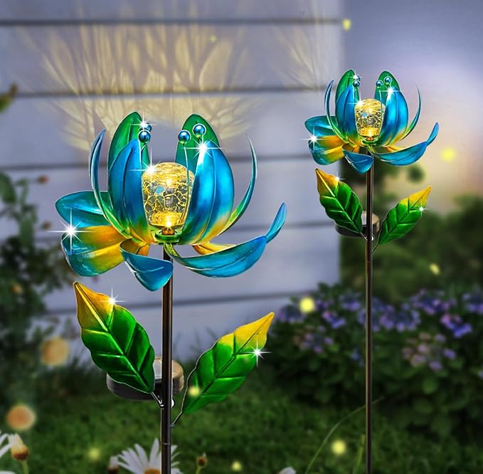 Solar Yard Lights Wind Spinners- Metal Lotus Flower Garden Decor LED Crackle Glass Globe Yard Art Sculpture Solar Stake Lights for Patio Pathway Lawn Walkway SUCUY
