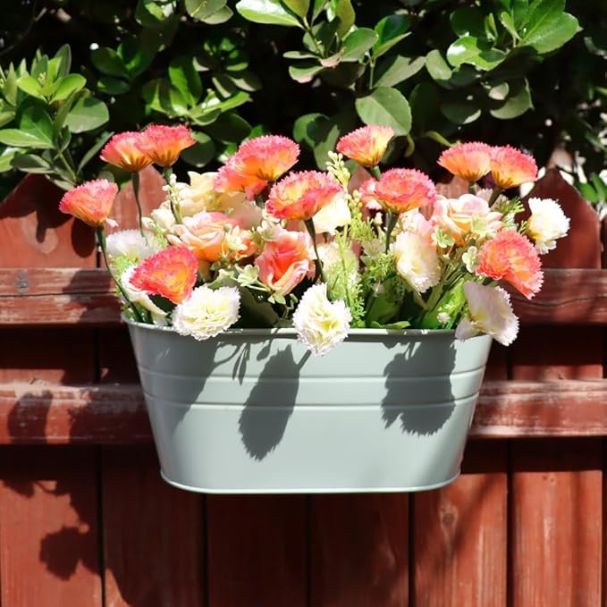 3 Pack Metal Railing Planters, 10.5" Oval Hanging Flower Pots with Detachable Hooks & Drainage Holes, Fits Rails up to 2.36", Galvanized Iron Fence Bucket for Balcony Garden Patio - Blue MeltsetM