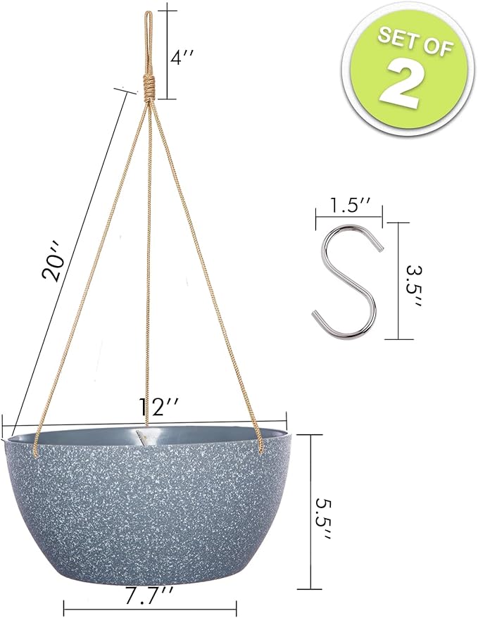 12 Inch 2 Pack Large Hanging Planters for Indoor Outdoor Plants, Plastic Hanging Basket Pots for House Plants Flowers, Grey SwinDuck