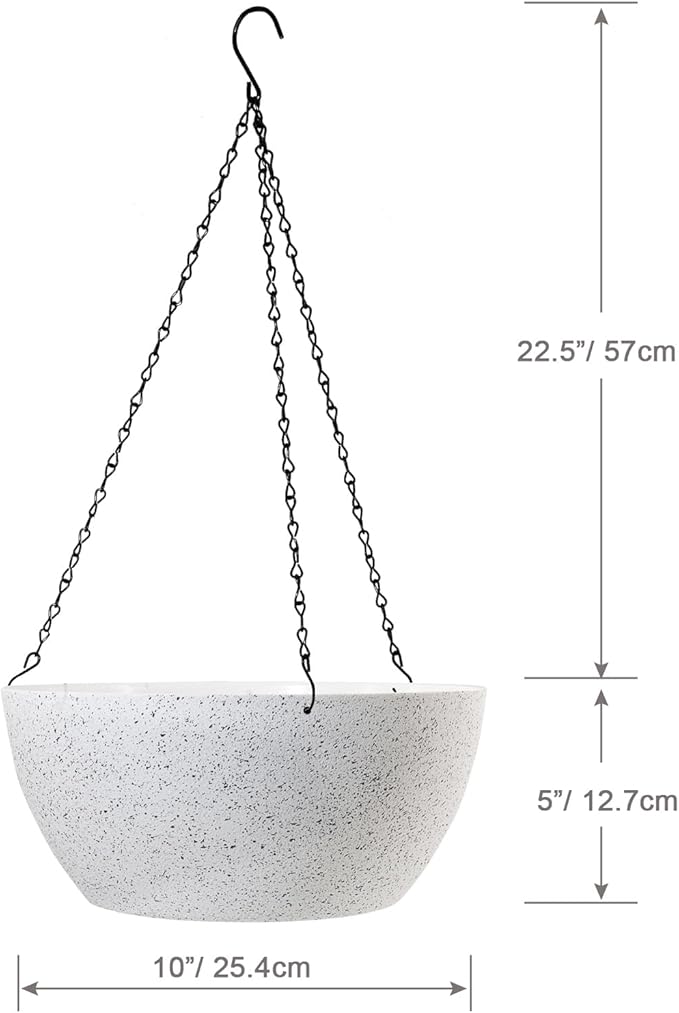 10 inch Hanging Planters for Outdoor Indoor Plants with Drainage Holes and Chain, 2 Pack Round Hanging Flower Plant Pots for Garden Home Porch Decor, Speckled White WSMKSZ