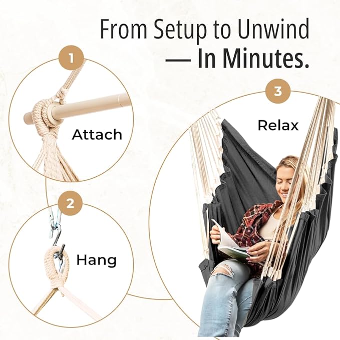 Hanging Hammock Chair Swing – Hanging Chair Outdoor & Indoor - Hammock Swing Chair – Quick & Easy Setup with Hardware Kit – Durable & Spacious Full Body Support – Holds 440 Lbs EXTIRIO