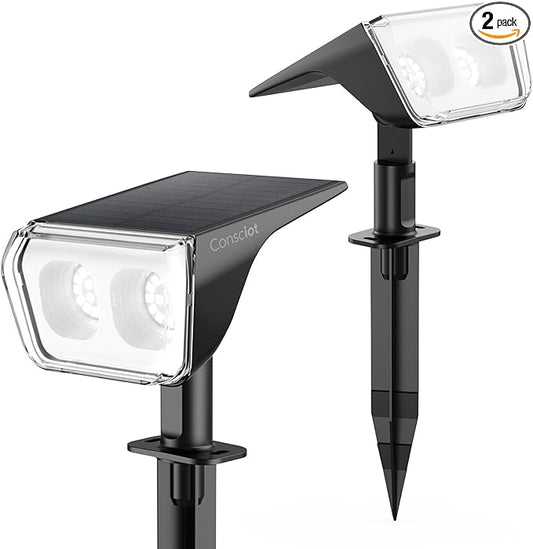 Consciot Solar Spot Lights Outdoor Waterproof, 24 LED Dusk-to-Dawn Solar Outdoor Lights, 2 in 1 Adjustable Wall Lights, Daylight Solar Landscape Spotlights for Garden Yard Wall Walkway, 2 Pack Consciot
