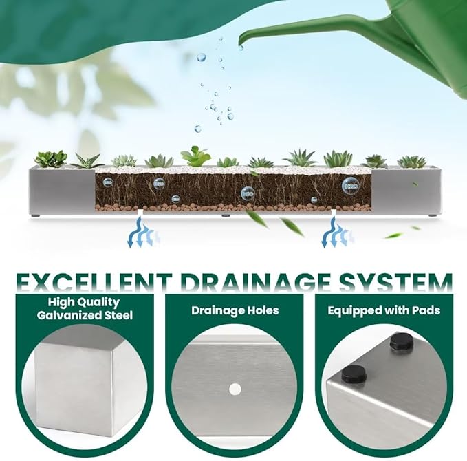 Trough Rectangle Planter Long Window Sill Planter Box Stainless Steel Window Planters Modern Succulent Planter Slivery 32 in Metal Windowsill Pot for Indoor Plants Herb Table Home Outdoor GZGNEEVL