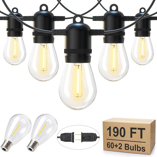 Brightown Outdoor String Lights 190FT with 60+2 Shatterproof Edison Bulbs, Waterproof Hanging Patio Lights Outside for Backyard Deck Garden Party Xmas Decor, 2700K Brightown