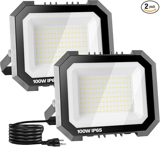 2 Pack LED Flood Lights Outdoor, 100W 10000LM Super Bright Floodlight Outside Work Light with 5.9FT Plug, IP65 Waterproof 6000K Outdoor LED Flood Light for Garage, Yard, Lawn, Garden LEDDICTIVE