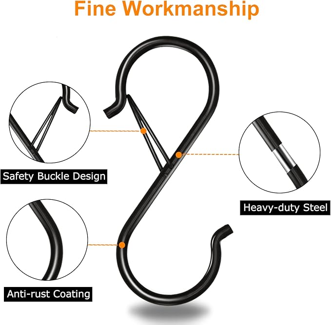 32 Pack S Hooks for Hanging, 3.5 inch Heavy Duty Metal S Hooks with Safety Buckle S Shaped Hooks Pot Rack Closet Hooks for Hanging Plants, Clothes, Kitchen Utensil, Pots, Pans, Bags (Black) Waitkey