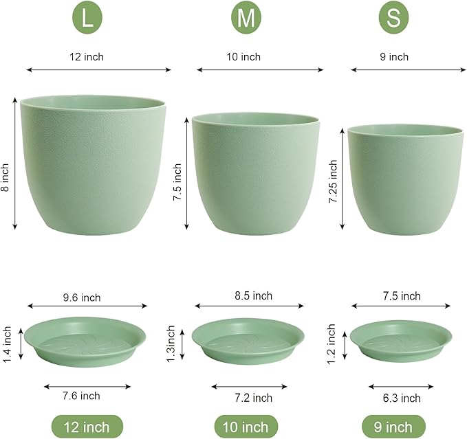 Large Plant Pots 12/10/9 inch, Set of 3 Modern Decorative Plastic Planters with Drainage Holes and Saucers, Flower Pots for Indoor Outdoor Plants, Green WSMKSZ
