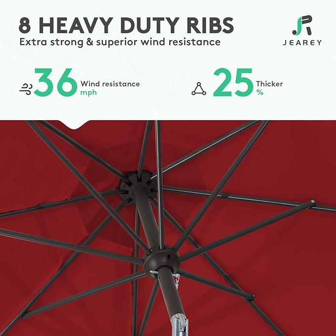 JEAREY 9FT Outdoor Patio Umbrella Outdoor Table Umbrella with Push Button Tilt and Crank, Market Umbrella 8 Sturdy Ribs UV Protection Waterproof for Garden, Deck, Backyard, Pool (Red) JEAREYOutdoorsCollection