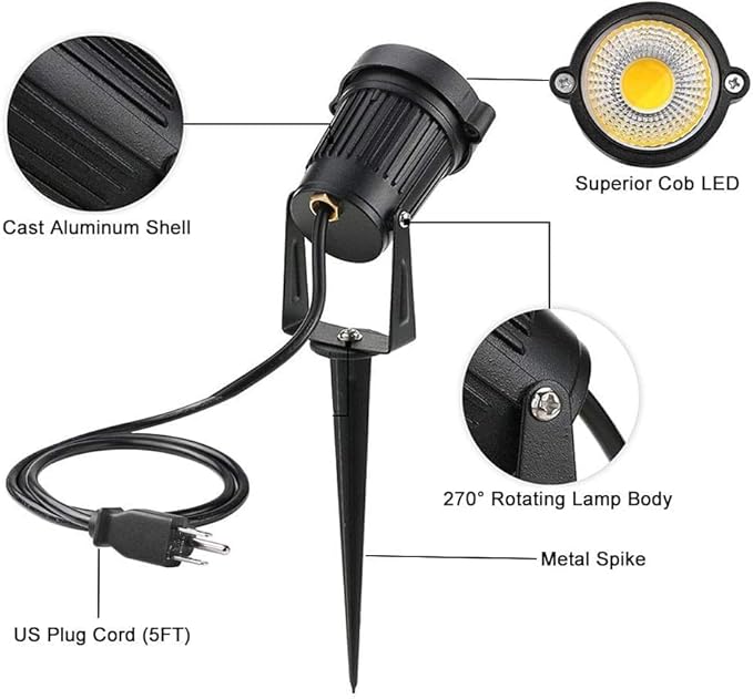 Romwish LED Landscape Spotlights, 10W Outdoor Spotlights for Yard, 3000K Warm White, 120V AC Spot Light with Ground Spike, Waterproof Landscape Lighting for House Garden Lawn Decorative (12Pack/10W) ROMWISH