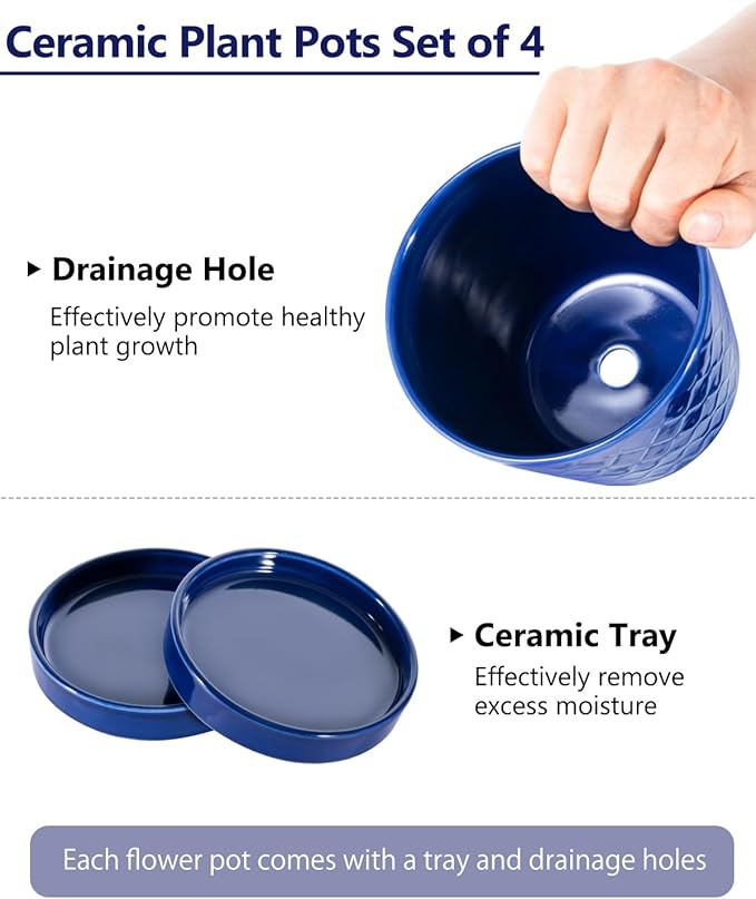 EFISPSS Ceramic Plant Pots, 5Inch Pots for Indoor Plants, Planters with Drainage Holes and Ceramic Tray,Plant Lover Gift, Desktop Office Windowsill Decoration Gift Set of 4 - Blue EFISPSS
